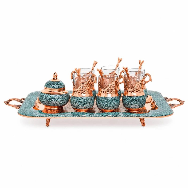 سرویس چای خوری 8 پارچه فیروزه کوبی مسی آقاجانی کد F018