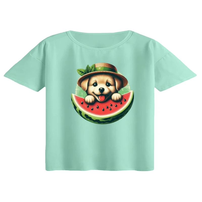 کراپ تی‌شرت آستین کوتاه زنانه مدل سگ یلدایی کد 3