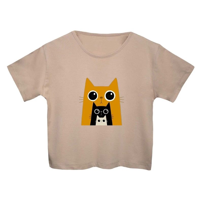 کراپ‌ تی‌شرت آستین کوتاه زنانه مدل سه گربه کد 2