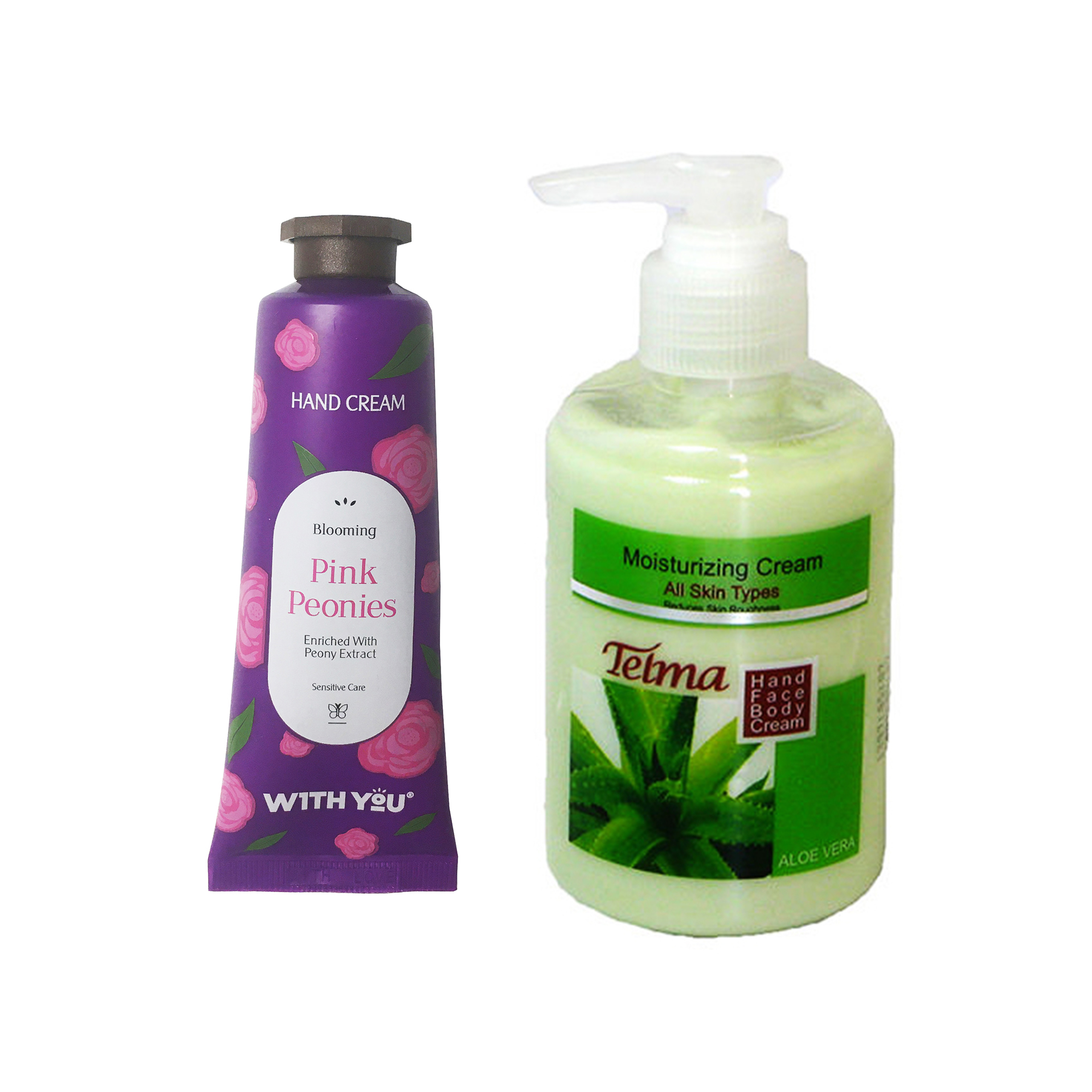 کرم آبرسان و مرطوب کننده تلما مدل آلوئه ورا حجم 200 میلی لیتر به همراه کرم مرطوب کننده ویت یو مدل Pink Peonies حجم 50 میلی لیتر 