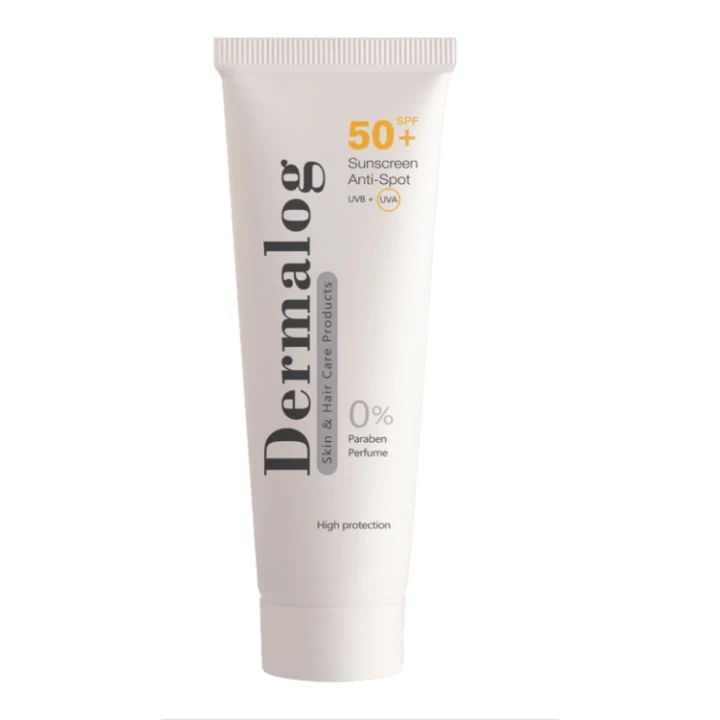 کرم ضد آفتاب بی‌رنگ درمالوگ، SPF 50، مدل anti spot، مناسب انواع پوست با حجم 50 میلی‌لیتر، فاقد پارابن، محافظت‌کننده در برابر اشعه‌های UVA و UVB، ضد چروک، ضد لک و پیری، دارای فرمولاسیون تیتانیوم دی اکساید و زینک اکساید، با ماندگاری 4 ساعته