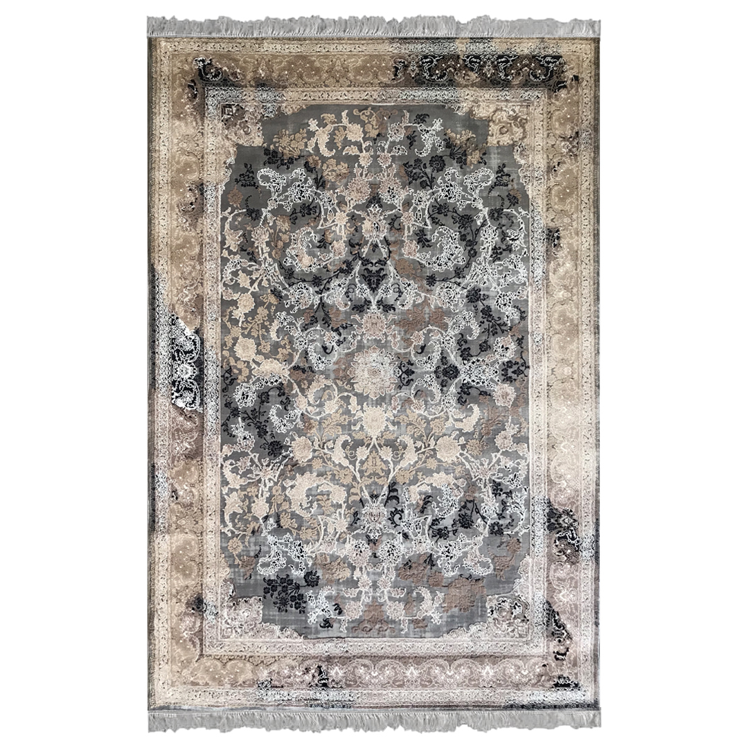 فرش ماشینی آرمانی طرح ترک کد 7101 زمینه طوسی