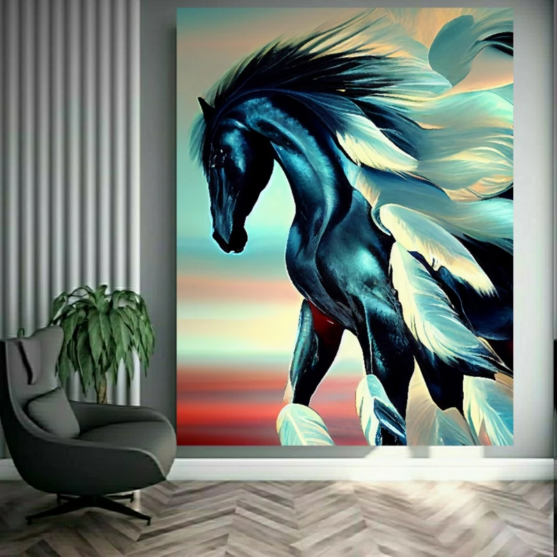  تابلو بوم طرح مخمل نقاشی اسب و یال پر کد BK2175