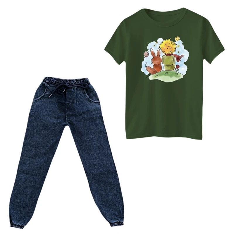 ست تی‌شرت و شلوار پسرانه مدل شازده کوچولو و روباه کد 6 رنگ یشمی