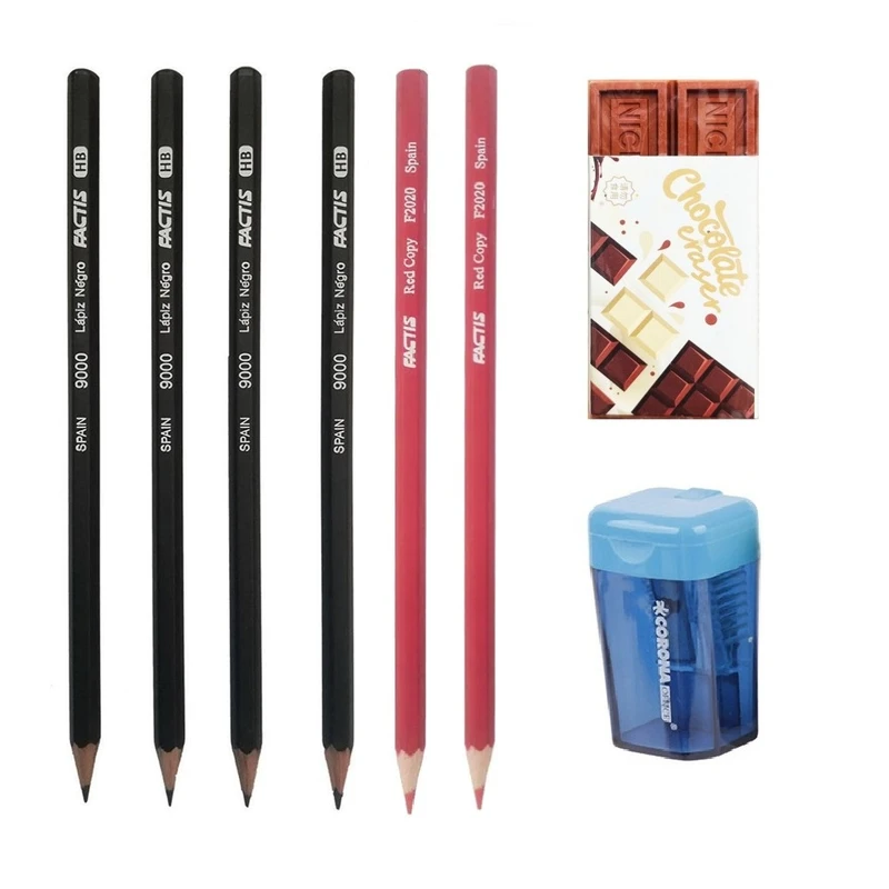 مداد مشکی فکتیس با درجه سختی HB مدل تعطیلات به همراه مداد قرمز و تراش مخزن دار و پاک کن مجموعه 8 عددی