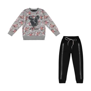 ست سویشرت و شلوار دخترانه مدل پولک برگردان میکی موس رنگ طوسی