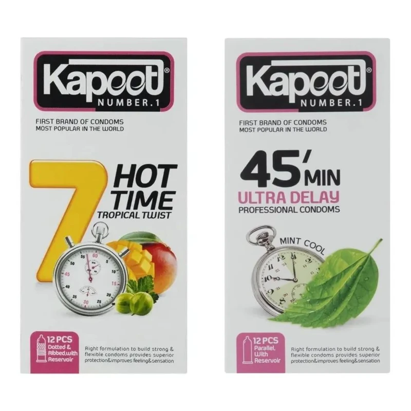 کاندوم تاخیری کاپوت مدل 45min بسته 12 عددی به همراه کاندوم خاردار کاپوت مدل 7Hot Time بسته 12 عددی