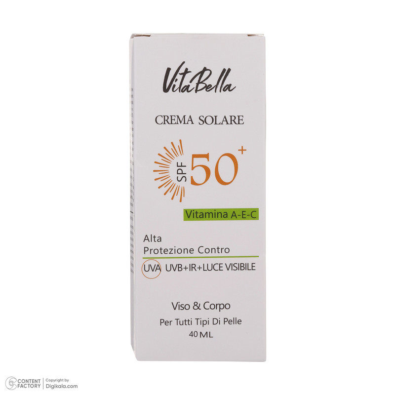 کرم ضدآفتاب بی‌رنگ ویتابلا +SPF50 مدل 001 مناسب انواع پوست، حجم 40 میلی‌لیتر
