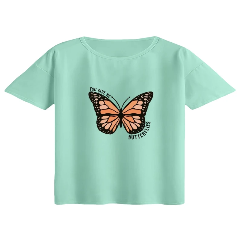 کراپ تی‌شرت آستین کوتاه زنانه مدل پروانه کد 01