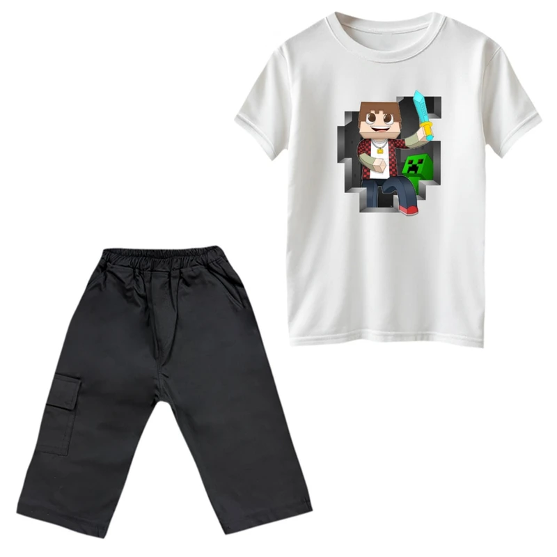 ست تی‌شرت و شلوارک پسرانه مدل ماینکرفت کد 8 رنگ سفید