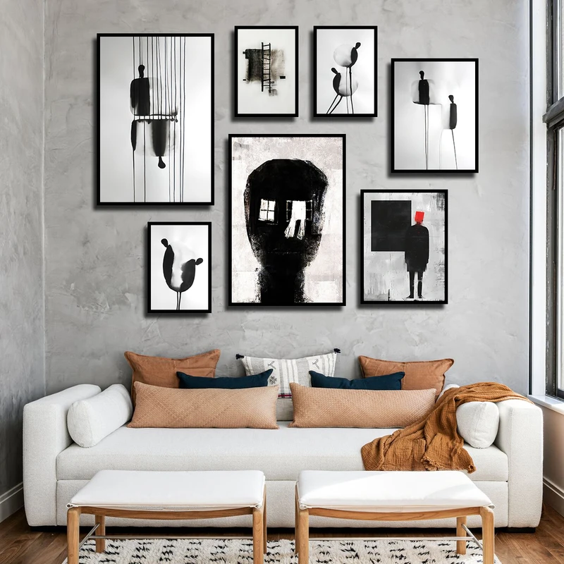 تابلو بکلیت طرح دکوراتیو نقاشی انتزاعی مدل B-3515 فریم مشکی مجموعه 7 عددی