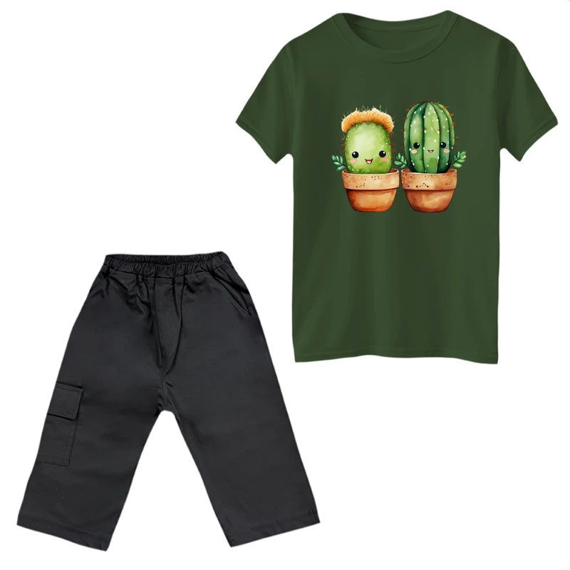 ست تی‌شرت آستین کوتاه و شلوارک دخترانه مدل کاکتوس ها