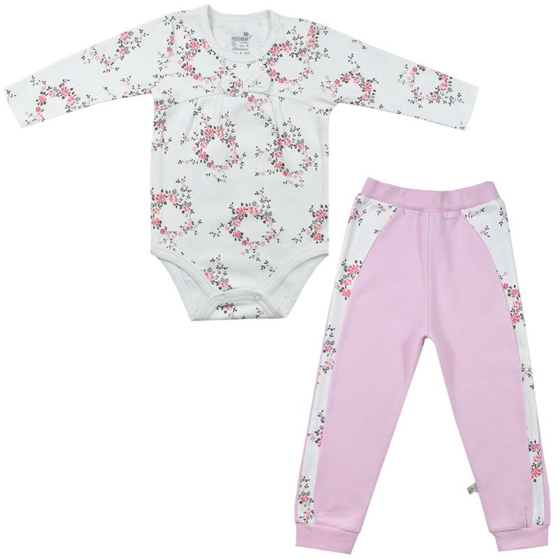 ست بادی آستین بلند و شلوار نوزادی پوشیران مدل گل کاغذی کد 730