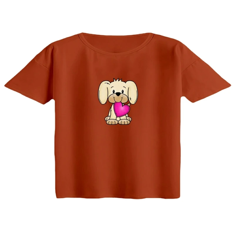 کراپ تی‌شرت آستین کوتاه زنانه مدل هاپو مهربون کد 01 رنگ آجری تیره