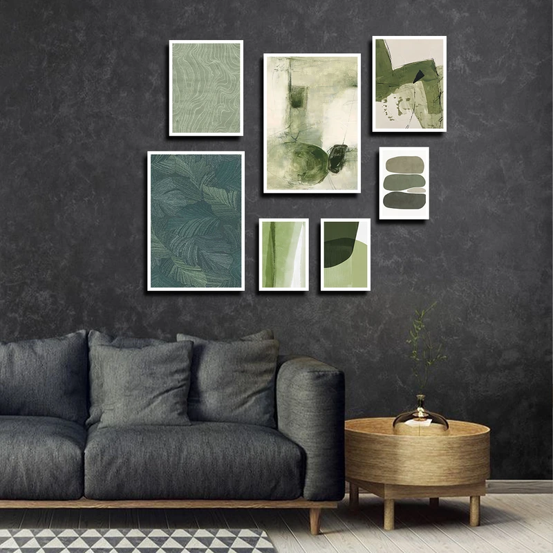 تابلو بکلیت طرح نقاشی مینیمال و برگ مدل W-3636 فریم سفید مجموعه 7 عددی