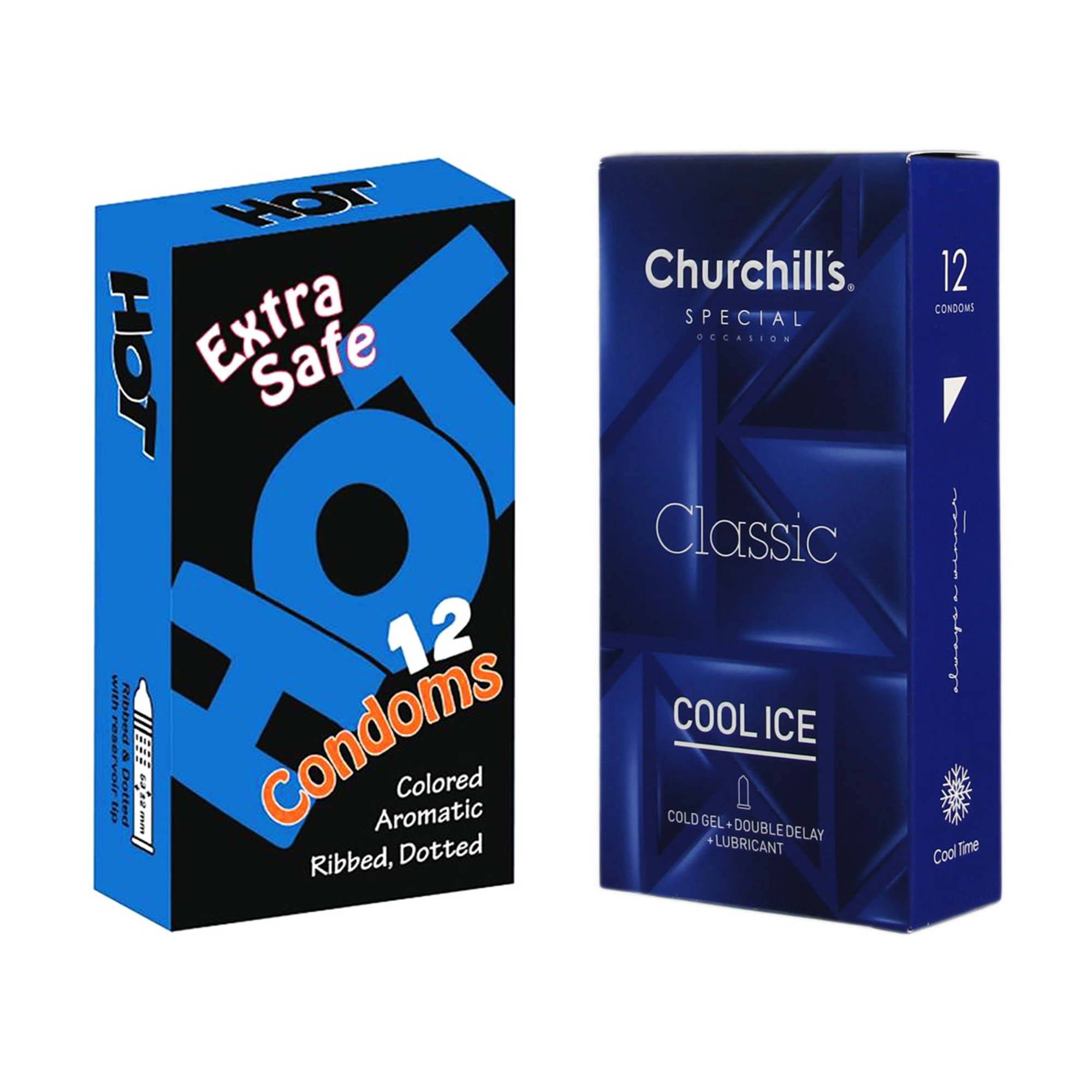 کاندوم چرچیلز مدل Cool Ice بسته 12 عددی به همراه کاندوم هات مدل Extra Safe بسته 12 عددی