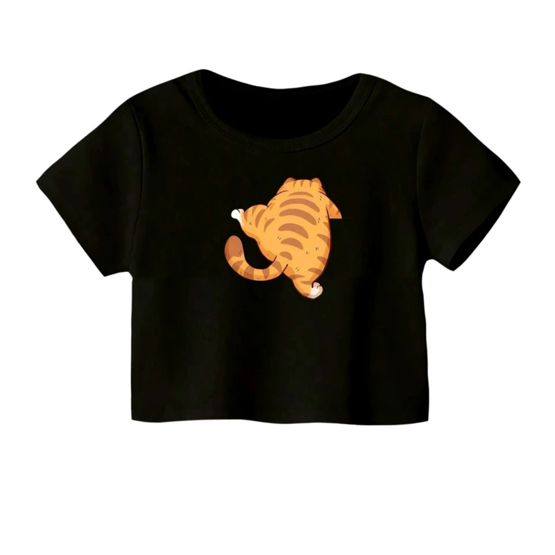 کراپ‌ تی‌شرت آستین کوتاه زنانه مدل گربه چاقالو