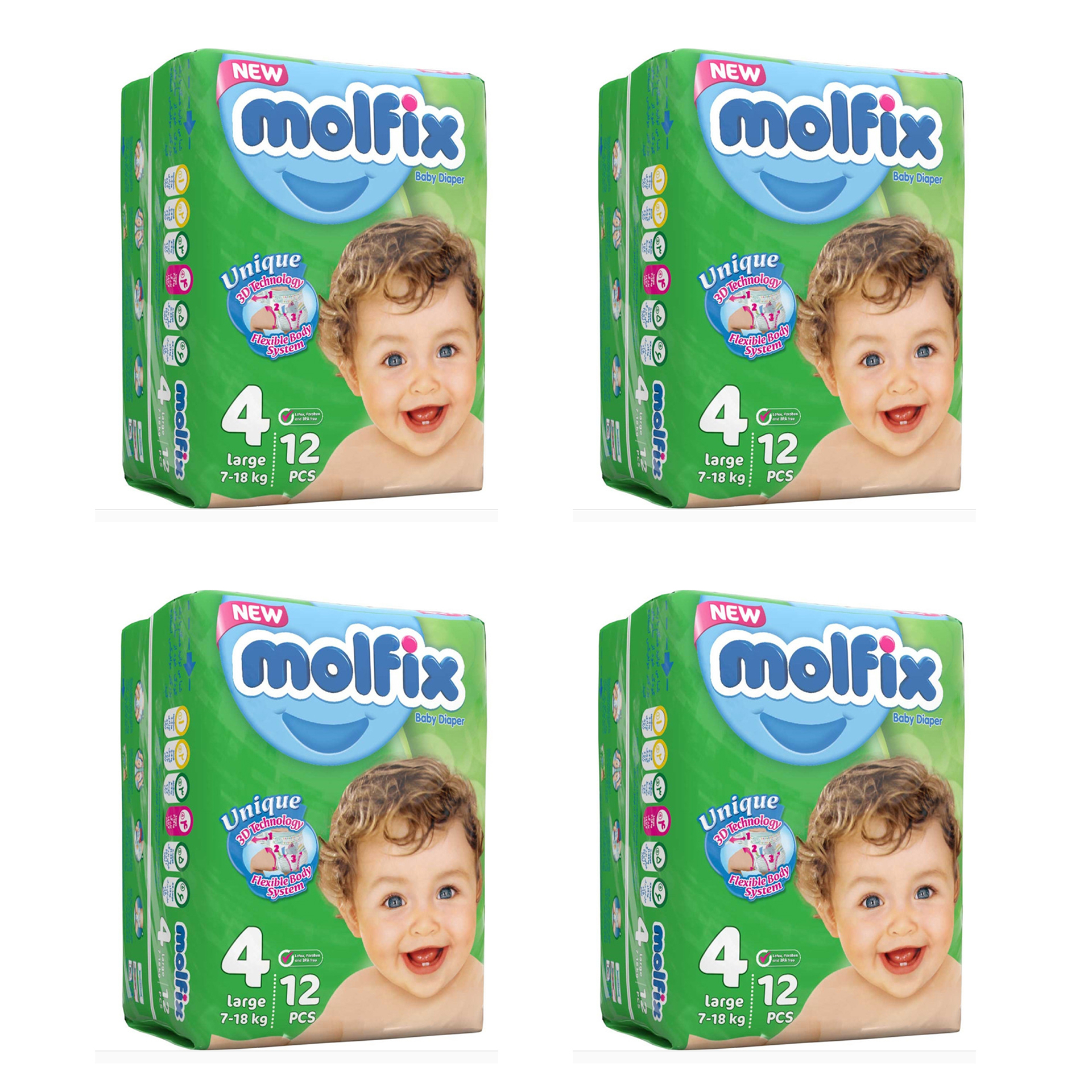 پوشک بچه مولفیکس مدل یونیک سایز 4 بسته 12 عددی مجموعه 4 عددی