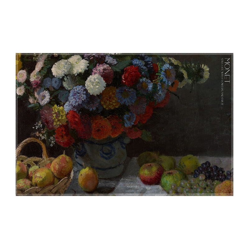 کاغذ کادو ترمه طراحان ایده مدل طبیعت بی جان با گل و میوه از مونه کد art0213 سایز 57x37 سانتی متر