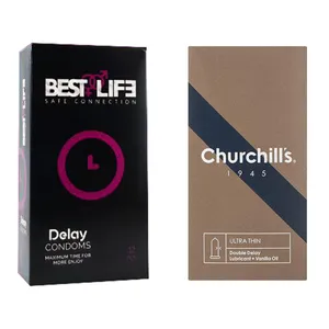 کاندوم چرچیلز مدل Ultra Thin Double Delay بسته 12 عددی به همراه کاندوم بست لایف مدل Ribbed Delay بسته 12 عددی