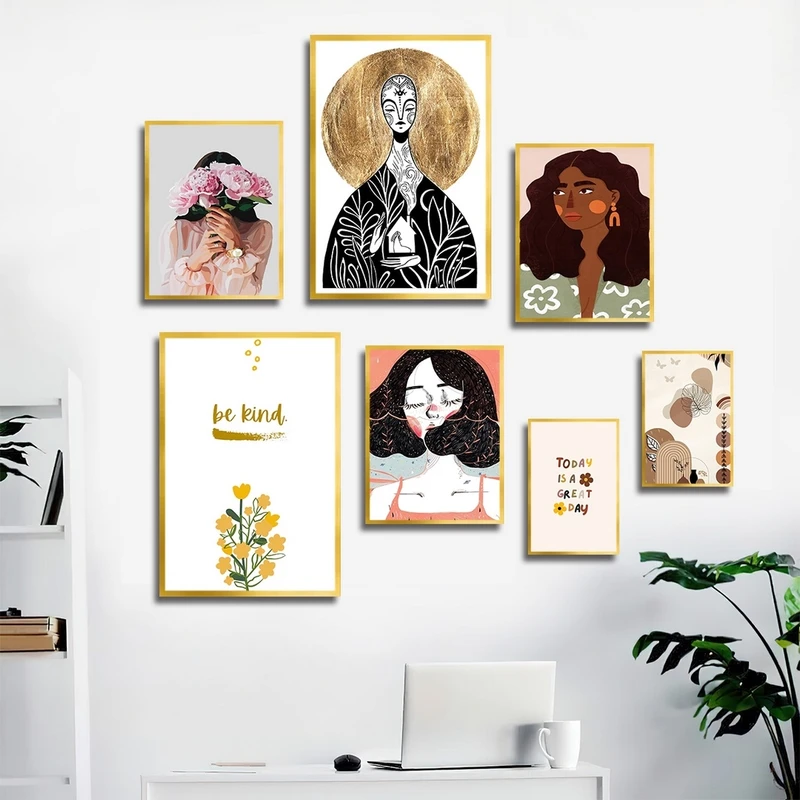 تابلو بکلیت طرح نقاشی مینیمال دخترانه و جمله انگیزشی مدل T-2346 مجموعه 7 عددی