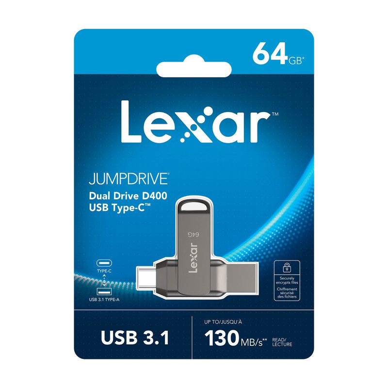 فلش مموری لکسار مدل JumpDrive® Dual Drive D400 USB 3.1 Type-C ظرفیت 64 گیگابایت