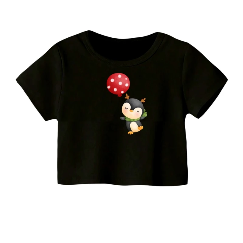 کراپ‌ تی‌شرت آستین کوتاه زنانه مدل پنگوئن کریسمس کد 7