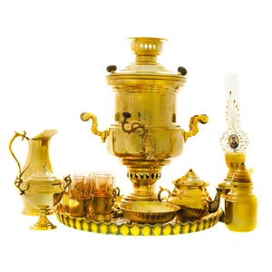 سرویس سماور ذغالی 14 پارچه برنجی مدل استوانه ای کد 4200