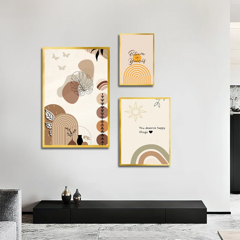 تابلو بکلیت طرح نقاشی مینیمال مدل T-3297 فریم طلایی مجموعه 3 عددی