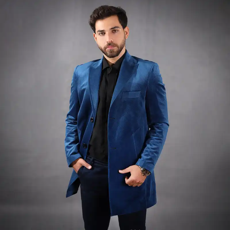 پالتو مردانه مدل مخمل جناقی یقه بلیزر رنگ آبی