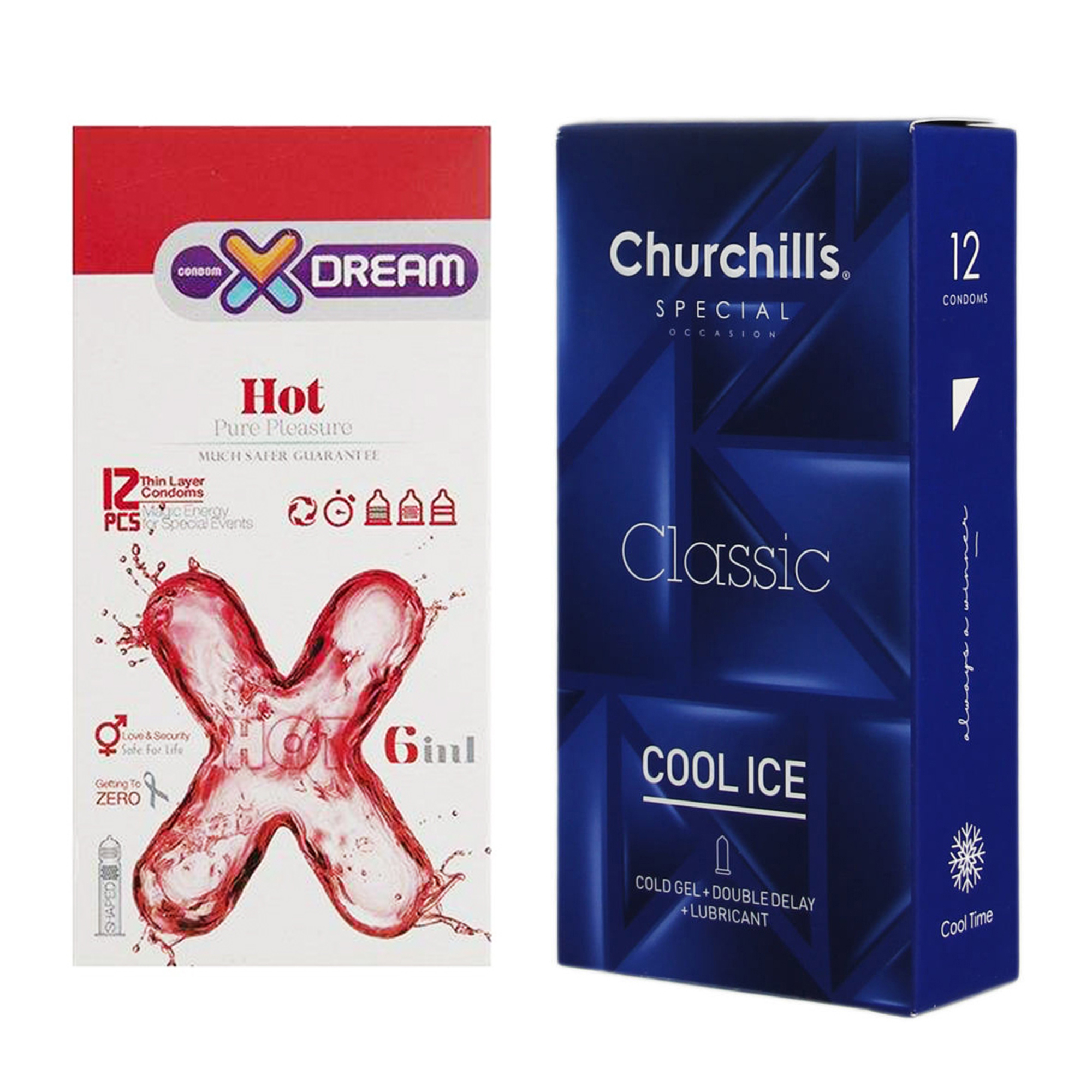 کاندوم چرچیلز مدل Cool Ice بسته 12 عددی به همراه کاندوم ایکس دریم مدل Hot بسته 12 عددی