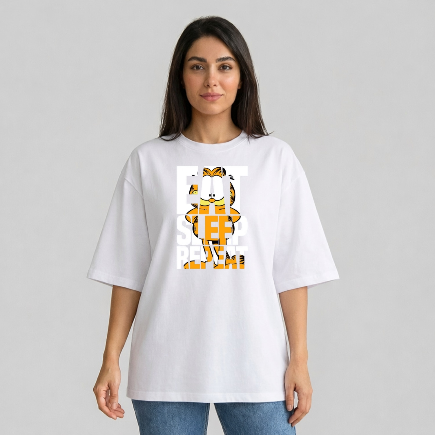 تی شرت آستین سه ربع زنانه مدل باکسی طرح گارفیلد کد v1 تی شرت آستین سه ربع زنانه مدل باکسی طرح گارفیلد کد v1