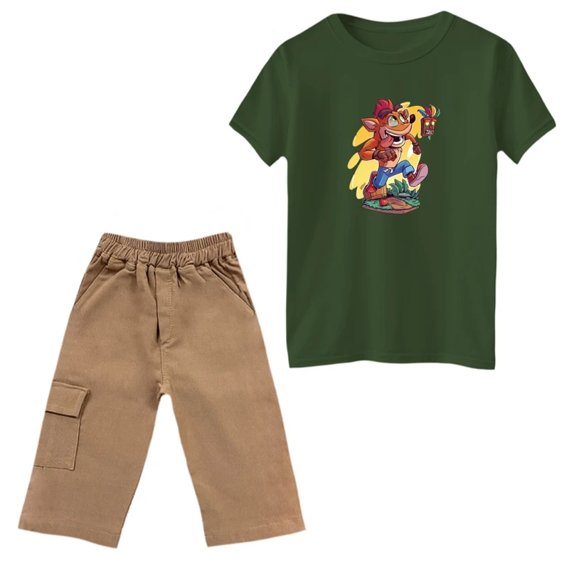 ست تی‌شرت و شلوارک پسرانه مدل کراش رنگ یشمی