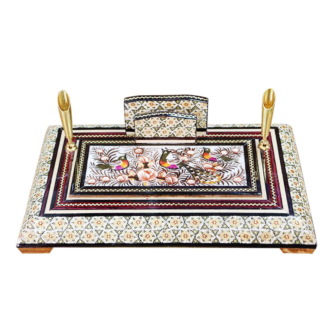 قلمدان خاتم کاری چوبی صنایع دستی فاخر مدل اداری طرح گل و مرغ برجسته کد Br24p16-3f4