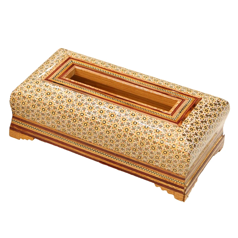 جعبه دستمال کاغذی خاتم کاری چوبی صنایع دستی فاخر مدل ممتاز طرح داوودی کد Star6