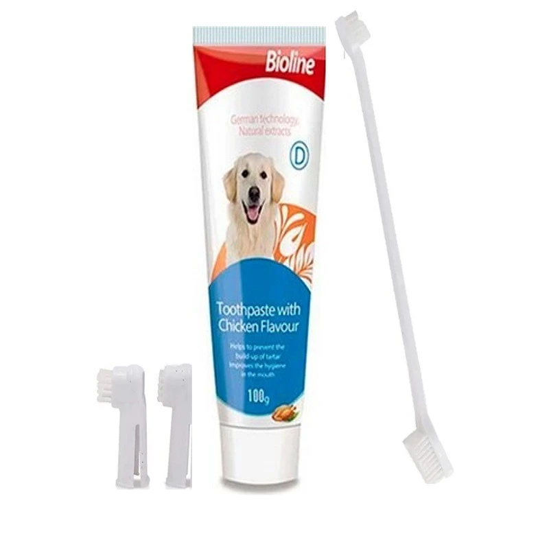 ست مسواک و خمیر دندان سگ بایولاین مدل طعم مرغ کد 156