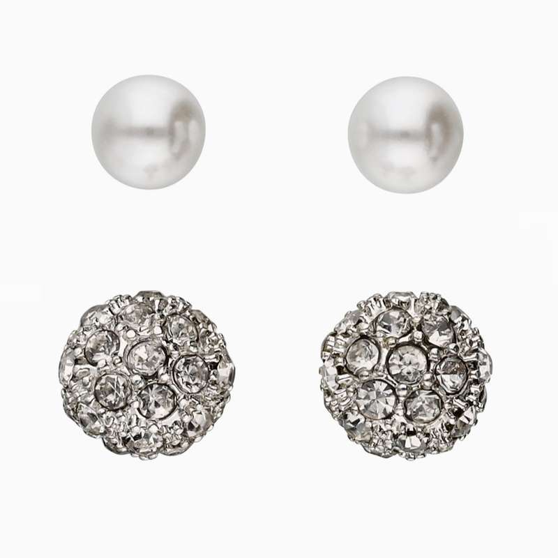 گوشواره زنانه سیکس مدل توپ نگینی و مرواریدی مجموعه دو عددی