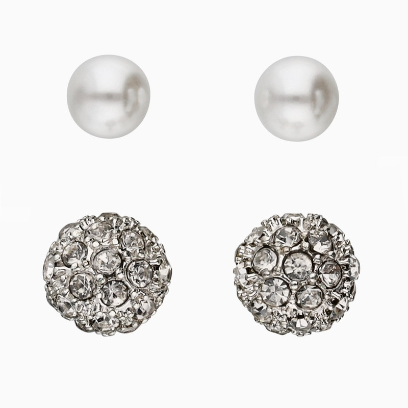 گوشواره زنانه سیکس مدل توپ نگینی و مرواریدی مجموعه دو عددی