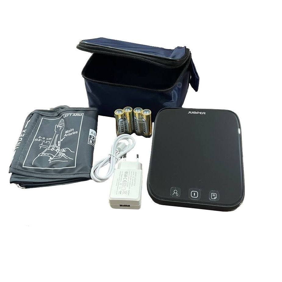 فشارسنج دیجیتال بازویی جامپر مدل JPD-HA101 با نمایشگر LED، قابلیت تشخیص آریتمی، ذخیره 99 نتیجه برای هر کاربر، سازگار با دور بازو 22 تا 36 سانتی‌متر، منبع انرژی باتری و آداپتور، همراه کیف و کاف استاندارد