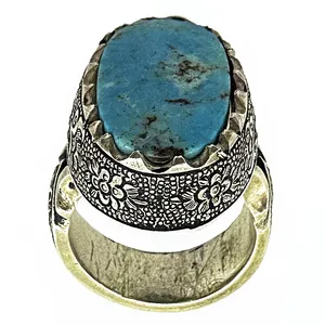 انگشتر نقره مردانه مدل قلمزنی فیروزه نیشابور رکاب دستساز کد 7404