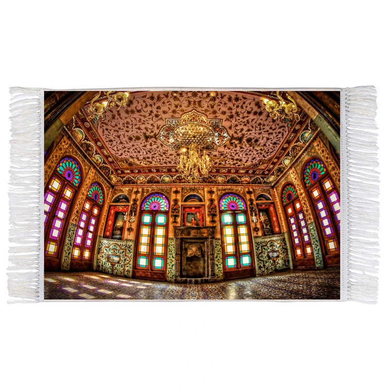 فرش ماشینی دیوارکوب اطلس آبی طرح خانه سنتی مدل T1558