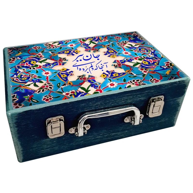 جعبه هدیه چوبی مدل چمدان طرح کاشی سنتی کد WS126