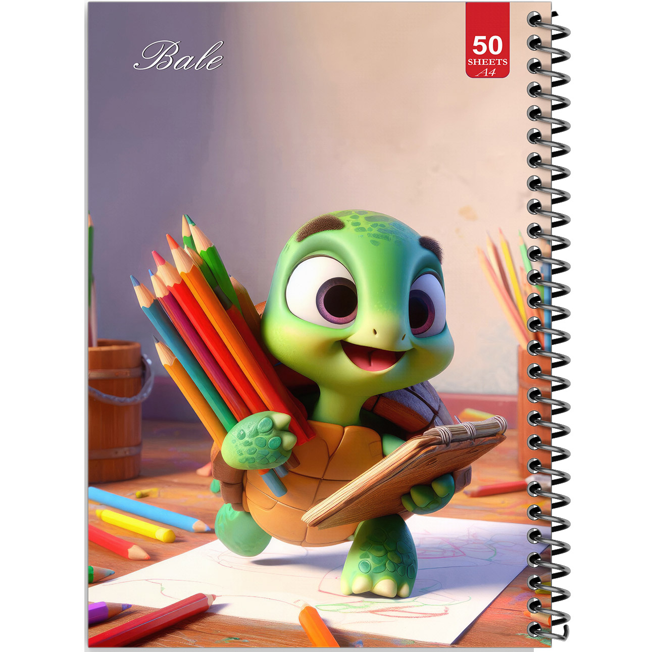 دفتر نقاشی 50 برگ انتشارات بله طرح لاک پشت کوچولو و مداد رنگی کد A4-L324