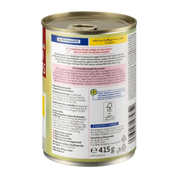 کنسرو غذای گربه بالغ دین بستس مدل تکه ای طعم مرغ وزن 400 گرم