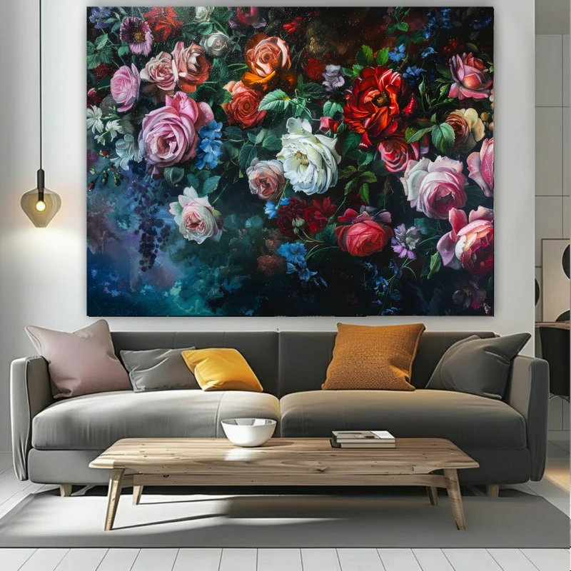 پوستر پارچه ای طرح مخمل نقاشی مدل بوته گل های رنگارنگ کد PY286