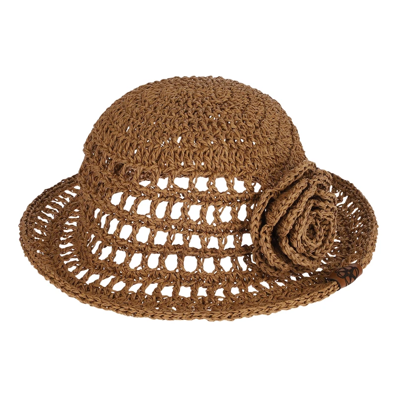 کلاه حصیری زنانه وون مدل گل رنگ نسکافه‌ای