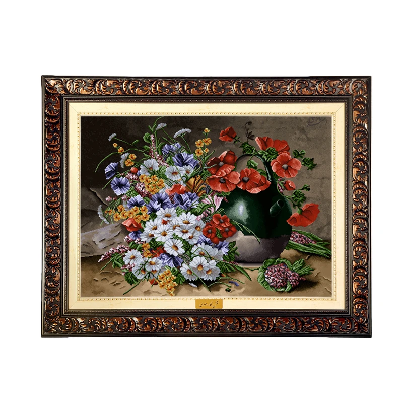 تابلو فرش ماشینی نقش نگار رضوی طرح گل کد 2476D