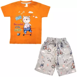 ست تی شرت و شلوارک پسرانه مدل خرس اسکوتر سوار کد 3779 رنگ نارنجی