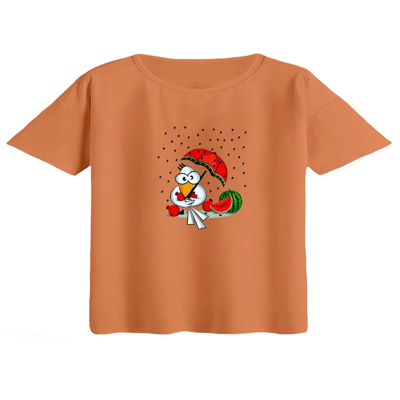 کراپ تی‌شرت آستین کوتاه زنانه مدل کلاغ و هندوانه یلدایی