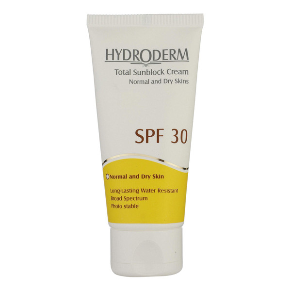 کرم ضدآفتاب بی‌رنگ هیدرودرم SPF30، مناسب پوست‌های نرمال و خشک، حجم 50 میلی‌لیتر
